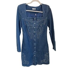 Avec Les Filles Size 4 Western Denim Mini Dress Embroidered Pearl Snap Rodeo